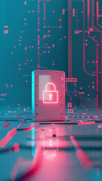 Padlock Icon Glowing in Pink Neon on a Device Against Blue Circuit board, Modern Cybersecurity Concept,
