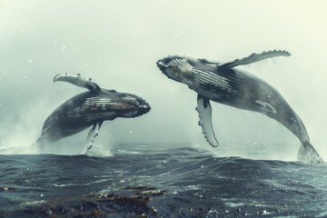 Two beautiful humpback whales emerge from the deep and jump happily in