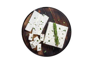 Cut cheese feta with rosemary on a wooden cutting board.  Isolated, white background. Top view.