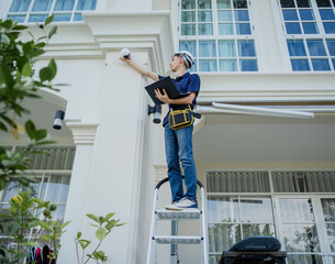 A technician sets up a CCTV camera on the facade of a residential building.