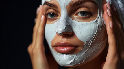 Detailed shot of a woman's face partially covered with a gray clay facial mask
