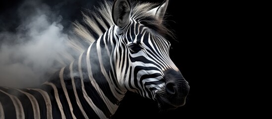 A zebra with a distinct black and white striped coat is seen grazing in its natural habitat. The zebra appears alert and focused as it consumes vegetation.