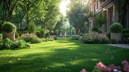 Naklejka premium Lawn of Luxury, Capture a manicured lawn with elegant decorations, highlighting the beauty of well-maintained green spaces in urban environments