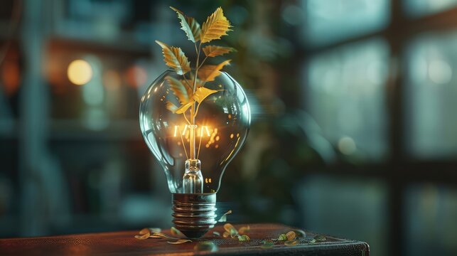 Growth Ideas, Illustrate a lightbulb sprouting leaves and branches, symbolizing the emergence of innovative solutions for environmental challenges