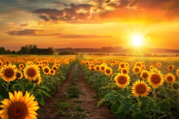 Fototapeta premium Walkway in the sunflower field Orange sunset background
