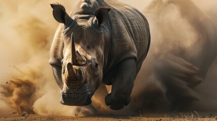 Thundering Rhino Charge on the African Savanna - obrazy, fototapety, plakaty