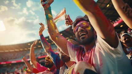 Fans in the stands, faces painted, flags waving, capturing the passion and support of cricket enthusiasts. - obrazy, fototapety, plakaty