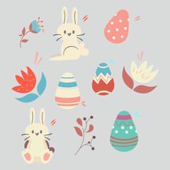 Collection of flat Easter elements, Easter day, Easter eggs