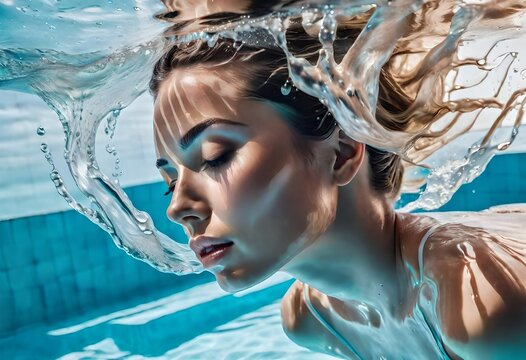 a gorgeous close-up shot of a young woman swimming underwater in a swimming pool in the sun during summer. Closed eyes.