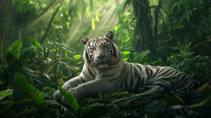 Majestic White Tiger Resting in Lush Jungle Clearing