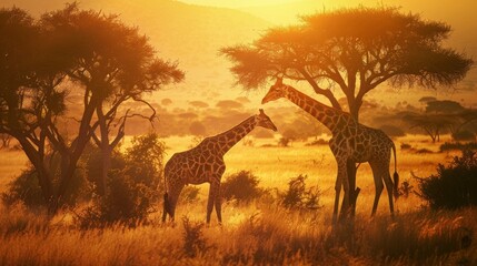Fototapeta na wymiar Intimate Wildlife Moment: Giraffe Pair in African Sunset.