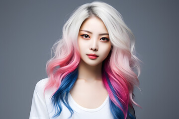 Pink blue hair coloring Korean model girl in grey background