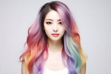 Rainbow hair coloring Korean model girl in white background