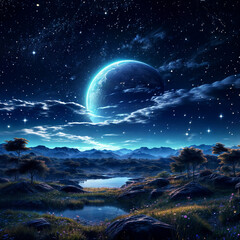 Fototapeta na wymiar a night time image with moon stars and nature