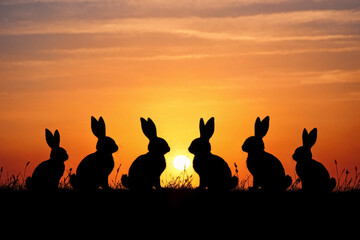 Fototapeta premium Easter bunnies silhouettes on a sunset sky