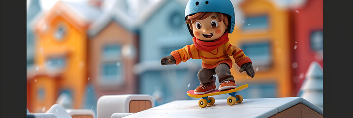 A 3D animated cartoon render of a boy doing an ollie over obstacles at the skate park.