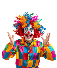 A clown in a funny costume and colorful curly hair laughs happily and waves both hands on a transparent background