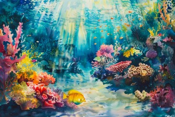 Obraz na płótnie Canvas Underwater pictures of coral reefs with watercolors It's full of colorful fish, coral, and sunlight shining through the water.