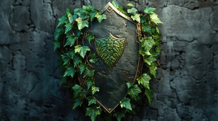 Protection Shield, Design a shield adorned with green leaves, representing the defense of nature against harmful forces and practices
