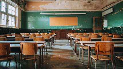 Blackboard in empty classroom having many wooden chairs