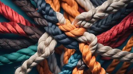 Team rope symbolizes strength, unity, and cooperation among diverse individuals working together to support and communicate effectively. Unity and teamwork concept. Corporate symbol	