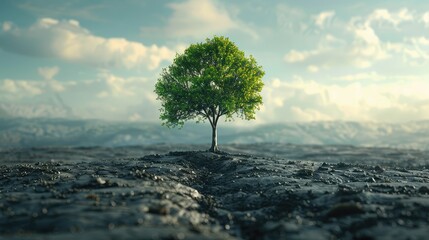 Isolated Growth, Illustrate a single tree growing amidst a barren landscape, symbolizing hope and...