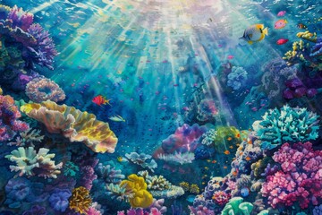Fototapeta na wymiar Underwater pictures of coral reefs with watercolors It's full of colorful fish, coral, and sunlight shining through the water.