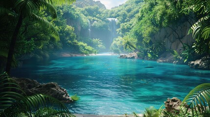 Blue Oasis, Create an image of a serene blue lake surrounded by lush greenery, emphasizing the...