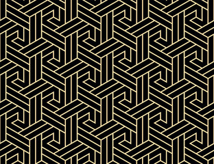Abstract geometric pattern with stripes, lines. Seamless vector background. Gold and black ornament. Simple lattice graphic design