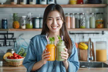 Happy asian woman drinks healthy smoothie in kitchen