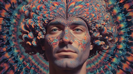 Interplay of human profile mental health, imagination, thinking and dreaming, inner peace and inner reality. Human head representing psychedelics hallucinogenic, psychology, psychedelic consciousness - obrazy, fototapety, plakaty