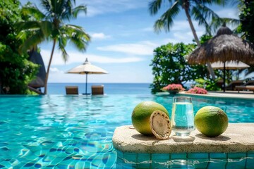 pool with artificial beach and tropical ocean. generative ai.