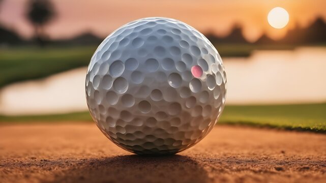 Golf ball on grass field with sunset as a backdrop. Digital 3D illustration for background advertisement or banner. Golf training program. Sport concept design. Golf Day