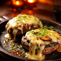 creatively arranged cheese-stuffed portobello mushrooms with vibrant cheese and herb combinations. Generative AI.