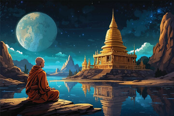 buddha monk old temple river cosmic night - obrazy, fototapety, plakaty