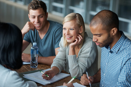 Education, college and students in study group for learning, working together on project and research. Paper, writing and academic discussion for assignment on campus, diversity and scholarship