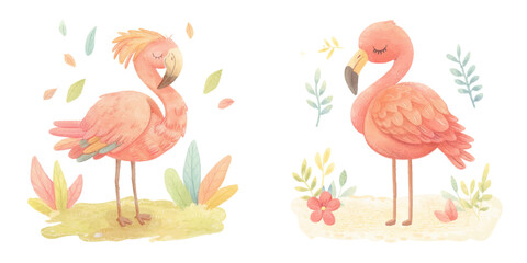  cute flamingo watercolour vector illustration 