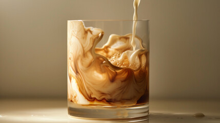 Cold Brew Coffee Being Poured Into a Clear Glass with Milk - Artistic Swirl Effect Closeup with Liquids Mixing - In Tan, Beige, Brown, and Cream Color Tones