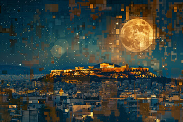 Athens skyline at night illustration artwork moonlit mosaic geometric shapes concept