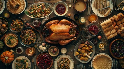 Aerial view of a Thanksgiving feast on a rustic table filled with traditional dishes turkey, cranberry sauce, stuffing, pies, and more - obrazy, fototapety, plakaty