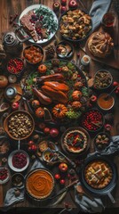 Aerial view of a Thanksgiving feast on a rustic table filled with traditional dishes turkey, cranberry sauce, stuffing, pies, and more