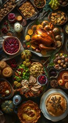 Aerial view of a Thanksgiving feast on a rustic table filled with traditional dishes turkey, cranberry sauce, stuffing, pies, and more