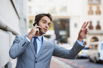 Phone call, street in city and taxi with businessman hailing ride outdoor for travel, transport or commute. Mobile, communication and networking with young employee calling cab in suit on sidewalk
