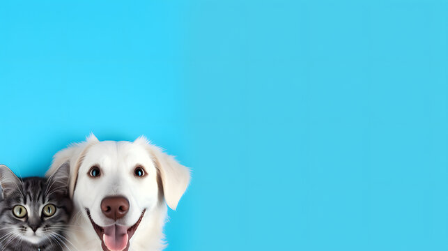 Dog and cat on light blue background copy space for text, Generative Ai 