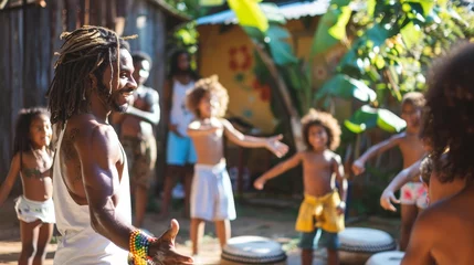 Tuinposter An Afro-Brazilian capoeira instructor is teaching kids dynamic movement, fostering cultural exchange in an outdoor setting. © Fokasu Art