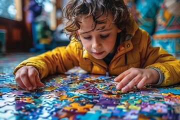 An autistic child finds focus in creating intricate puzzles with colorful pieces, achieving a proud moment.