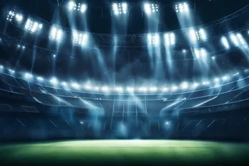 Gordijnen Sports stadium with a lights background, Textured soccer game field with spotlights fog midfield Concept of sport, competition, winning, action, empty area for championships © MISHAL