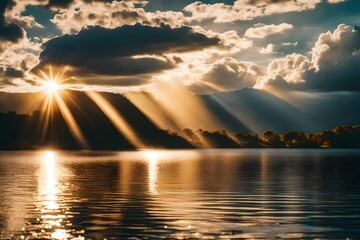 Amber sunlight beams through the clouds in the sky, creating a beautiful natural landscape with a gentle lens flare. The calm water reflects the heat of the sun, adding a touch of warmth to the space