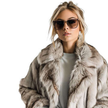 Front view mid body shot of an extremely beautiful female Caucasian model wearing a chinchilla fur coat with sunglasses on a white transparent background