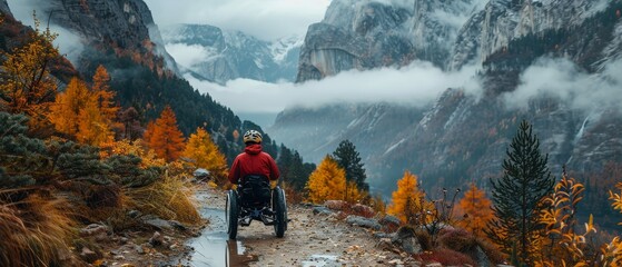 A disabled adventurer on a mountain trail, navigating with a handcycle, surrounded by breathtaking nature, is overcoming challenges with determination and resilience.